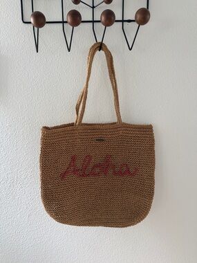 O'Neill Brown Straw Tote with Red Aloha Text